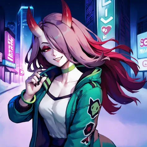 master masterpiece, 4k, highly detailed, night, snow, cyberpunk city, red and fern green palette, sucy manbavaran, oni, dasiwaoni, horns, oni horns, red horn color, solo female, dynamic pose, long hair, messy hair, happy expresion, cute face, 1girl, solo, ...