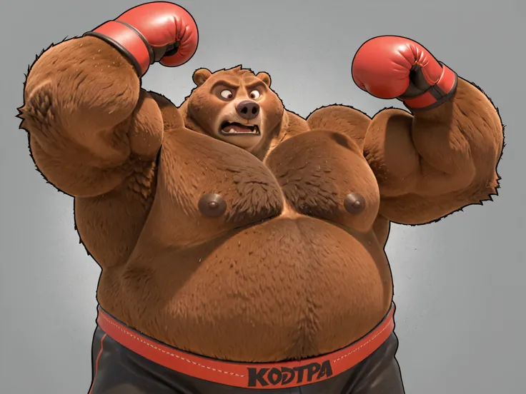 Solo, 1boy, Muscular Old, angry, focus, growling prideful, wide shoulder, pectoral, thick arms, huge pectoral, wide pectoral, a Kodiak brown bear in an black boxing shorts with red slits and waistline, wearing red boxing gloves as he workouts in the gymnas...