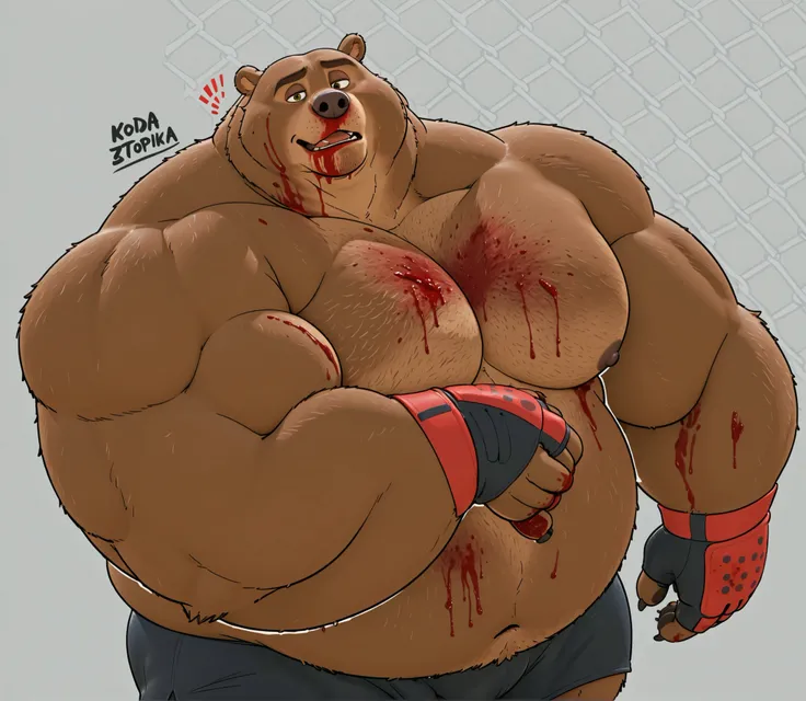 Solo, 1boy, Muscular Old, grunting, frustration glare, focus, looking back, wide shoulder, pectoral, thick arms, huge pectoral, wide pectoral, height: 220cm, weight: 440lbs, a Kodiak brown bear in an MMA shorts with red slits wearing an MMA gloves with red...