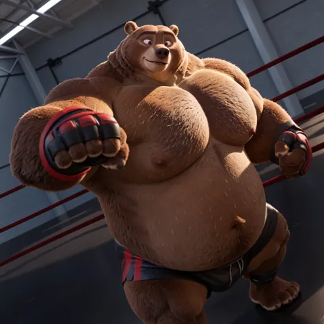 Solo, 1boy, Muscular Old, grunting, intimidating glare, focus, wide shoulder, pectoral, thick arms, huge pectoral, wide pectoral, brown nose, height: 220cm, weight: 440lbs, a Kodiak brown bear in a black MMA shorts with red slits, wearing an MMA gloves wit...