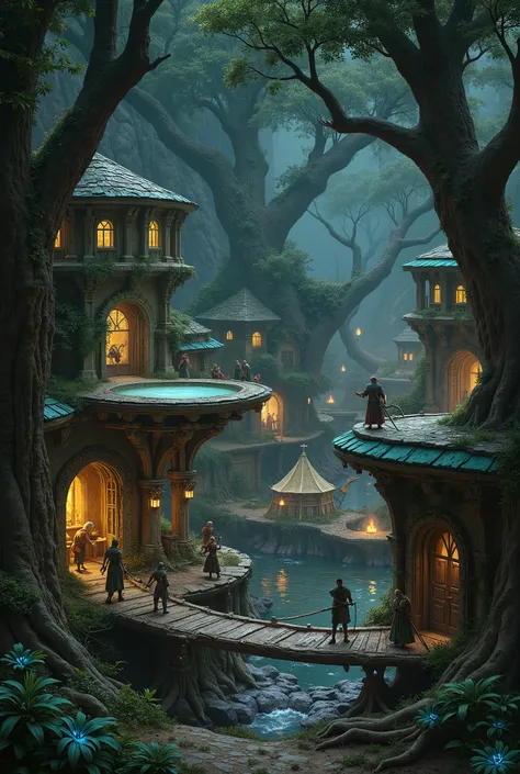 elf war houses, many elves protecting the houses, tents war centers, 4K, 8K, darkness, nightlight.