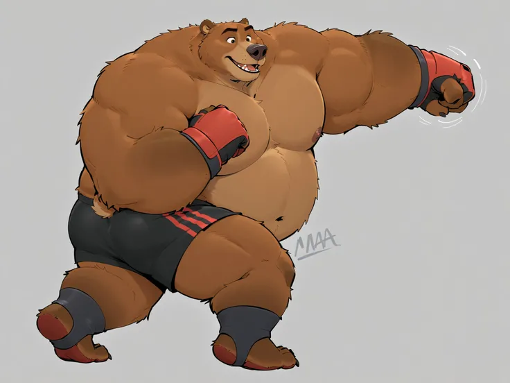 solo, 1boy, Huge Muscular kodiak Bear, huge brown fur, pectoral, huge pectoral, wide pectoral, detailed eyes, black MMA shorts with red slits, MMA gloves with red knuckles pads, ankle support brace, shirtless and topless, brown fur, gym background, masterp...