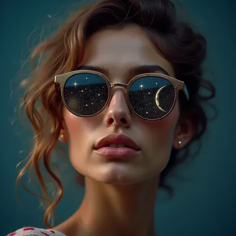 Model wearing glass sunglasses，There are stars and moon on the lens
