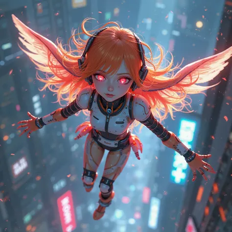 (SFW), Intricate details, 1girl, Night, (Bright neon colors), ((Flying over the future cyberpunk city)), Detailed background, (petite robot girl, ((Cute perfect face, Bright red eyes)), (perfect anatomy, Petite and lively), (extra long orange and white omb...
