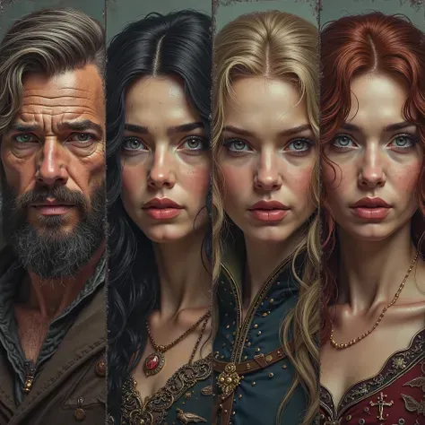 Four roles（Two men and two women）Extremely detailed poster images for, ((Middle Ages style, role-playing game character categories)), 8k uhd,  RAW photography , digitial painting, Ultra Fine, Golden Ratio