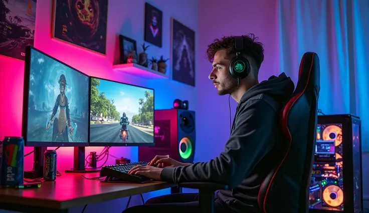 "Ultra-realistic gamer room, photorealistic lighting and textures, cozy atmosphere, triple monitor setup displaying active game screens, RGB mechanical keyboard glowing in rainbow colors, high-end gaming mouse, black and red ergonomic gaming chair, LED amb...