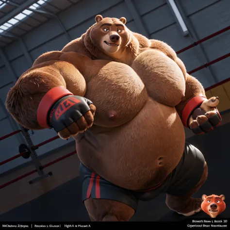 Solo, 1boy, Muscular Old, grunting, growling face, glare, focus, look at viewer, wide shoulder, pectoral, thick arms, huge pectoral, wide pectoral, brown nose, height: 220cm (7’8), weight: 270kg (440lbs), four pack, a Kodiak brown bear in a black MMA short...