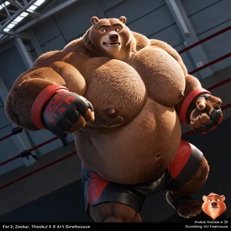 Solo, 1boy, Muscular Old, grunting, growling face, glare, focus, look at viewer, wide shoulder, pectoral, thick arms, huge pectoral, wide pectoral, brown nose, height: 220cm (7’8), weight: 270kg (440lbs), four pack, a Kodiak brown bear in a black MMA short...