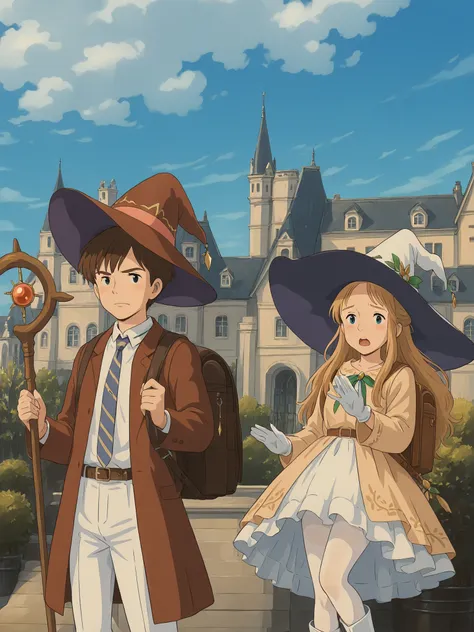 Masterpiece, hd, 2d, best quality, 1boy, 1girl, "a couple wears a beautiful witch costume. They wearing a large witch hat adorned with a ribbon and a diamond ornament. a long sleeves.A girl is wears elegant white gloves and thigh-high white boots paired ...