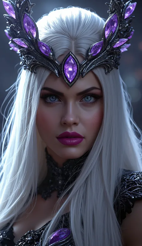  Here is a detailed prompt to generate an image  ** super realistic** like **Sindel**, focused **only on the face**, with shiny white hair, a detailed crown and an impactful background:  

---  
**"Close-up hiper-realista do rosto like Sindel, the powerful...