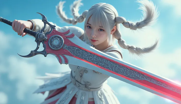 Warrior dancing high in the sky, masterpiece, super detailed face, realistic textured skin, perfect anatomy, perfect fingers, detailed girl with mechanical white and black and gold robot armor, holding a long crimson and white sword, flying dynamically thr...