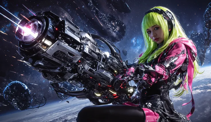 An amazing 8K sci-fi work,A Woman Manipulating a Weapon in Enchanting Outer Space,Surrounded by Sky and Neon Colored Hair。Style Inspired by CKSC,Commitment to quality and beauty。