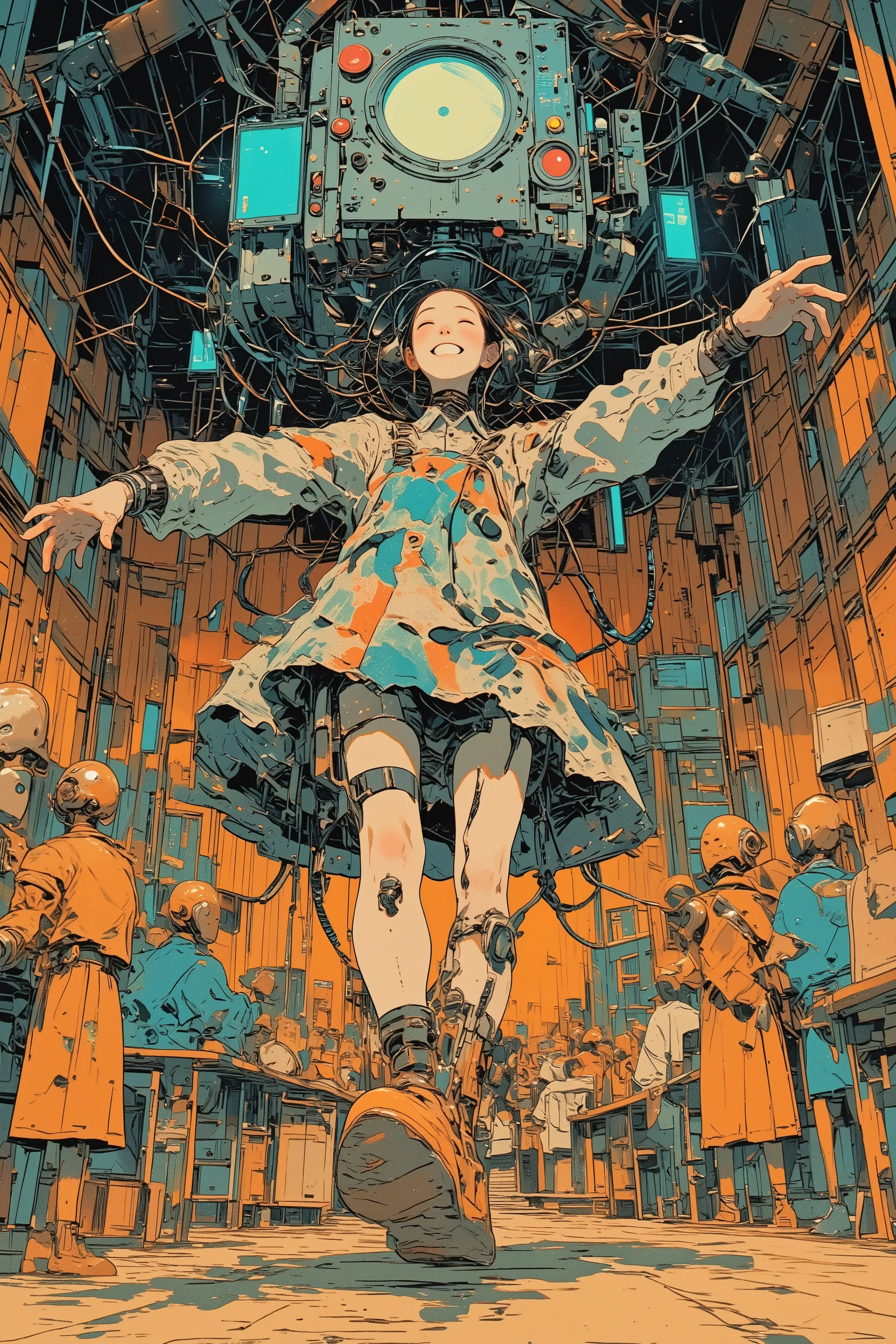 a cheerful adult woman with a bright smile and closed eyes, standing on a wooden theater stage, her body visibly controlled by thick black control cables attached to her head, shoulders, elbows, and wrists,
she wears a slightly messy colorful dress with ...