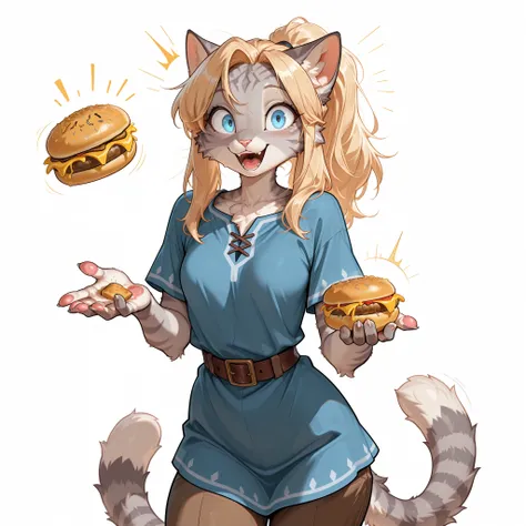 , masterpiece, best quality, amazing quality, toony, katxl, blonde hair down, anthro furry feline, grey striped body, slender body, blue eyes, excited expression, mouth open, small breasts, long blonde hair, hair in ponytail, grey striped fur, cat tail. w...