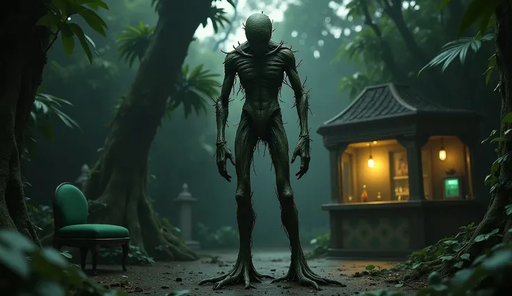 In a dimly lit, tropical graveyard near San Antonio, Brazil, a tree-like humanoid entity, SCP-7464, stands immobile with a rounded, cylindrical body mimicking a tree trunk, covered in hardened human calluses. Its elongated legs dig deep into the soil like ...