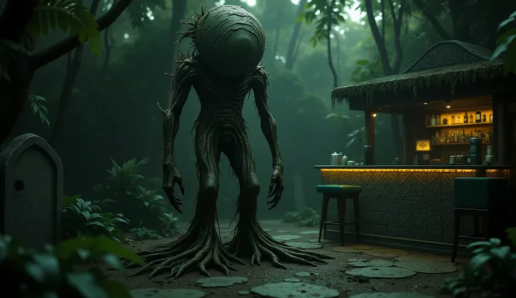 In a dimly lit, tropical graveyard near San Antonio, Brazil, a tree-like humanoid entity, SCP-7464, stands immobile with a rounded, cylindrical body mimicking a tree trunk, covered in hardened human calluses. Its elongated legs dig deep into the soil like ...