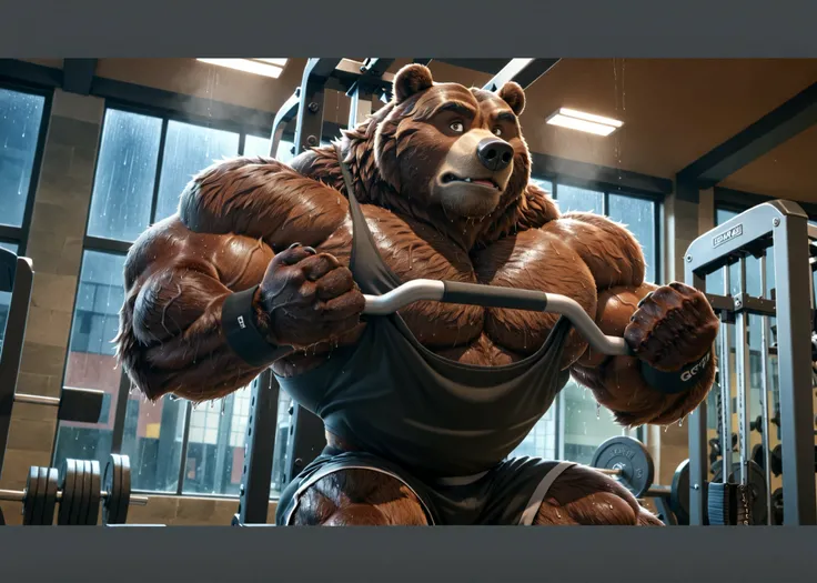 Big brown furry kodiak muscle bear with huge muscles with black gym shorts, black gym shoes and black wristbands at the gym doing incline bench presses sweating off with veins