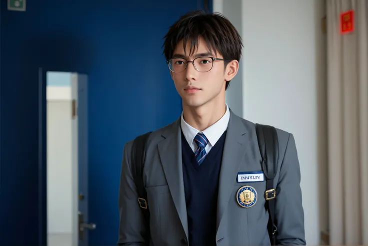 A age boy, likely Asian, is in a school uniform. He is positioned slightly off-center to the right of the image. He is wearing a gray blazer, a navy blue collared sweater, and a light-colored tie.  He is wearing round, wire-rimmed glasses. His expression i...