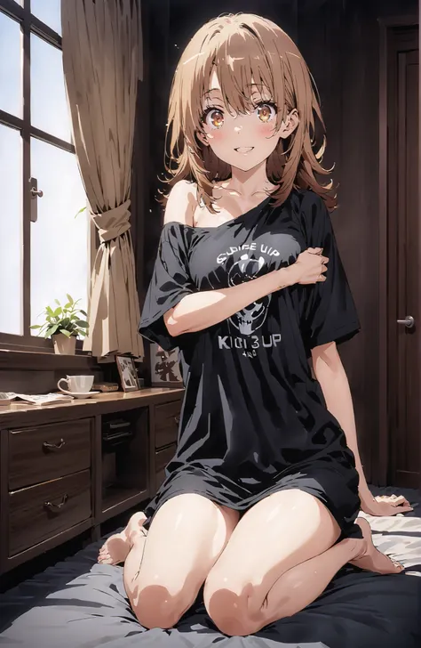 score_9, score_8_up, score_7_up, source_anime,Iroha Isshiki, long hair, brown hair, brown eyes,smile,blush,opens his mouth,oversized t-shirt, one shoulder,Medium breast,Bare legs,bare feet,morning,morning日,interior,curtains,window, bet, betの上に座っている,Waking ...