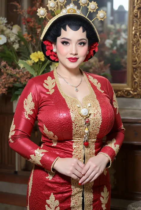 Hijab Women chubby huge boob in kebaya dress full body