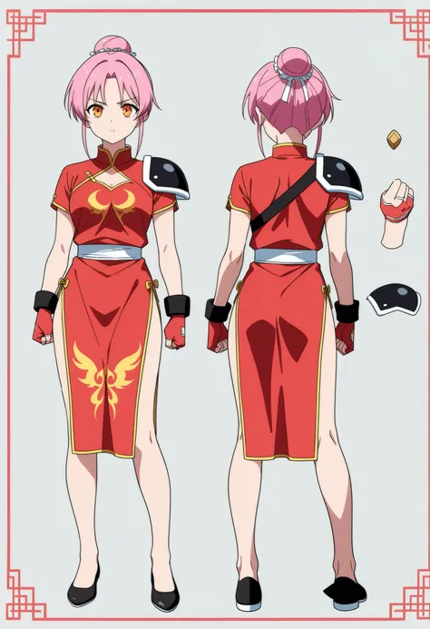 score_9, score_8_up, score_7_up,anime coloring,BREAK,1girl, martialMaam, pink hair, orange eyes, hair bun, short hair,full body,BREAK, (china dress, short sleeves, sash, fingerless gloves, single shoulder pad ),BREAK,multiple views of the same character,mo...