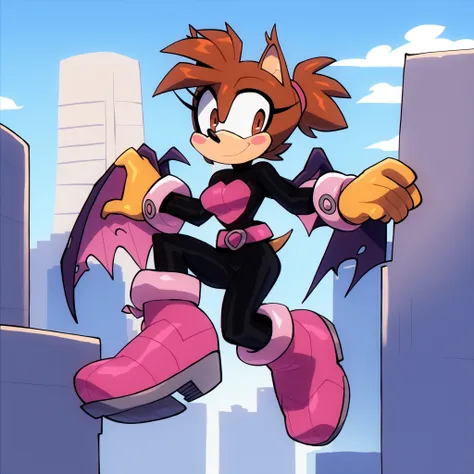 Ochako as a Bat, Mobian Bat, 1girl, brown hair, brown eyes, short hair, blush stickers short ponytail, superhero, hero bodysuit, pink belt, pink wrist guards, pink boots, Bat, bat wings, bigdad/character, (Mobian), brown fur, female, smile, slim, young adu...