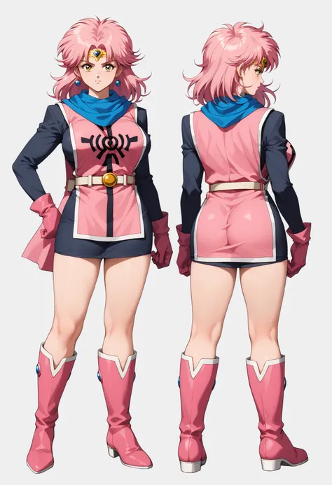 score_9, score_8_up, score_7_up,anime coloring,BREAK,retro artstyle,1980s style,dai no daibouken,1girl,prilMaam, large breasts, pink hair, yellow eyes, medium hair,full body,BREAK,(blue scarf, circlet, short dress, pink tabard, black sleeves, belt, gloves,...