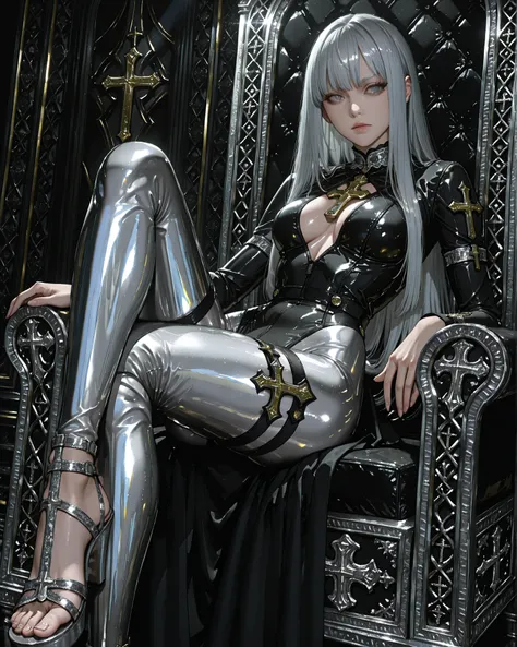long straight silver hair, metallic silver and black outfit, form-fitting bodysuit, gold cross detail on chest, sitting pose with one leg crossed over the other, black high-heeled sandals, ornate gothic indoor background, dark lighting with light highlight...