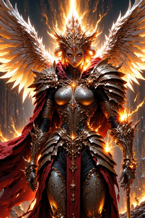 masterpiece,best quality,amazing quality, A powerful, ethereal female angel knight standing on the edge of a radiant cliffside battleground in the heavens, overlooking a sea of golden clouds lit by the light of twin suns. She wears full ceremonial armor fo...