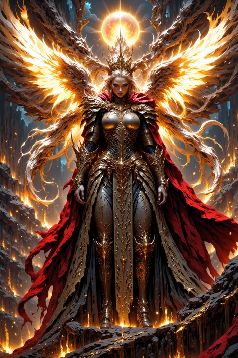 masterpiece,best quality,amazing quality, A powerful, ethereal female angel knight standing on the edge of a radiant cliffside battleground in the heavens, overlooking a sea of golden clouds lit by the light of twin suns. She wears full ceremonial armor fo...