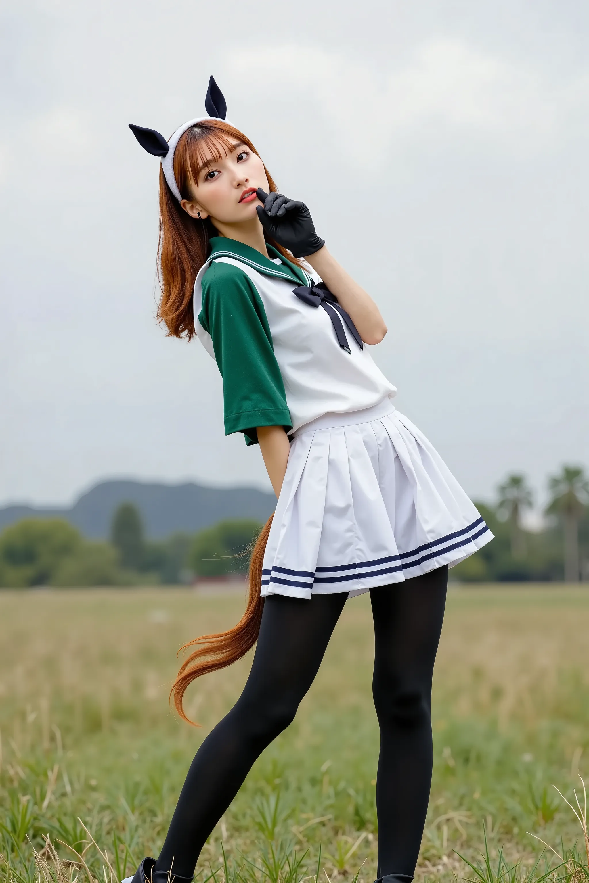 (realistic, photo-realistic, masterpiece, best quality), RAW photo, 8k, high resolution photograph, intricate details, extremely detailed, sharp focus, full body, solo, 1girl, umamusume, a 30 years old Japanese woman as silence suzuka, pale skin, (long hai...