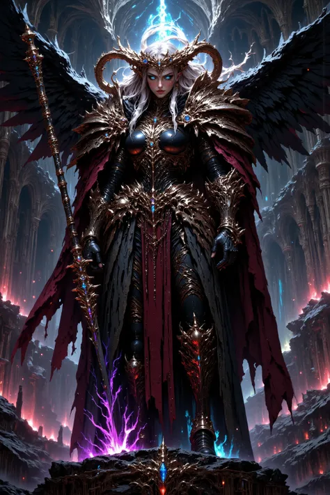A dark, ethereal female angel knight stands atop a fractured marble altar suspended in the heavens, surrounded by drifting ruins of a once-holy cathedral now consumed by shadow and silence. Her armor is intricately crafted from obsidian celestial steel, mo...
