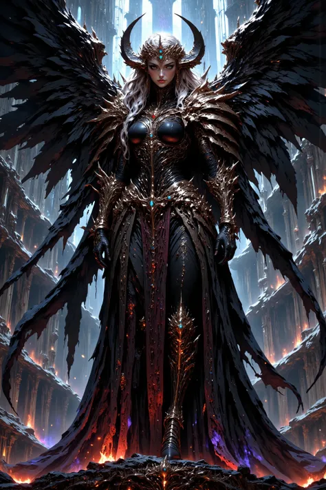 A dark, ethereal female angel knight stands atop a fractured marble altar suspended in the heavens, surrounded by drifting ruins of a once-holy cathedral now consumed by shadow and silence. Her armor is intricately crafted from obsidian celestial steel, mo...