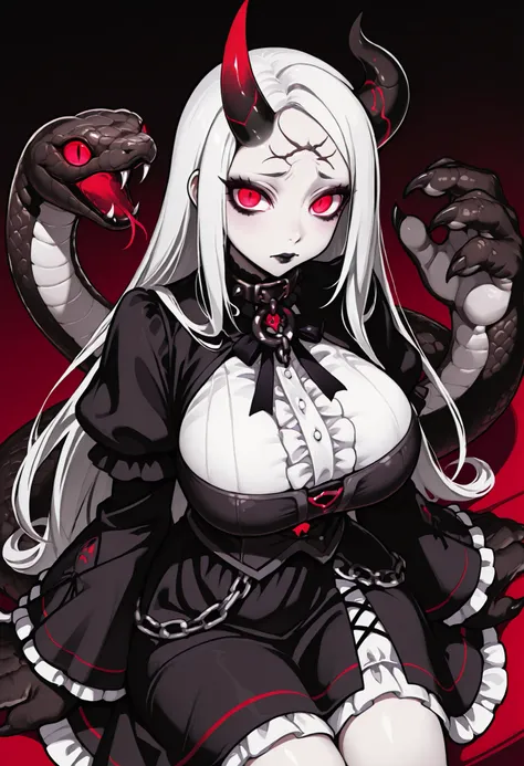 A girl in a gothic dress. White hair. Long hair. One-sided horn on forehead. Worried eyes. Glowing red eyes. Black lips. Black costume. White frills. Big hands. Sharp claws. Big breasts. Sitting. chain. Snake nearby. A big snake.