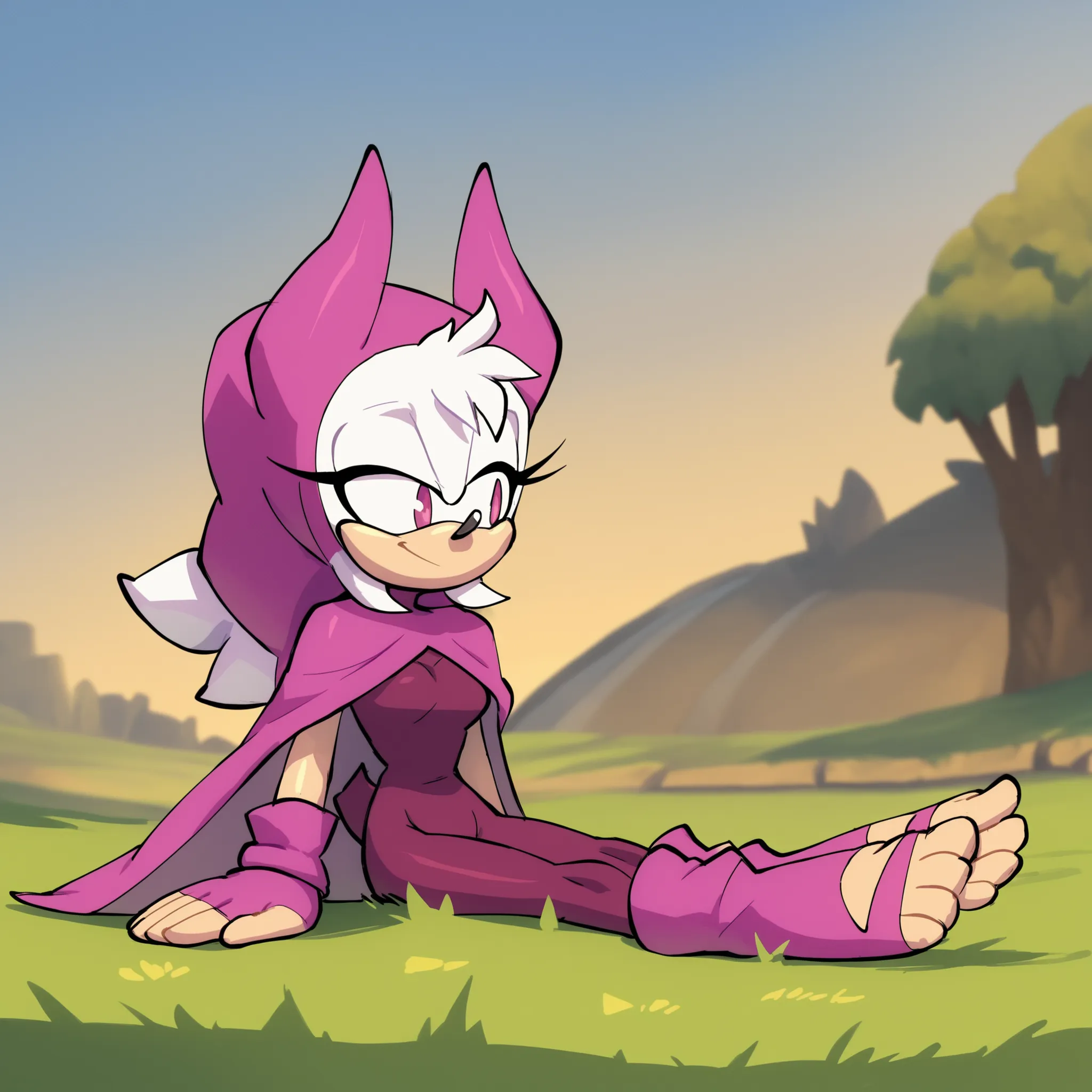 Nora as a Hedgehog, Mobian Hedgehog, white hair, purple eyes, hood, horns, cloak, fingerless elbow gloves, bodysuit, cape, toeless legwear, hedgehog, bigdad/character, (Mobian) white fur, female, smile, slim, young adult, medium breasts, solo, sitting, fie...