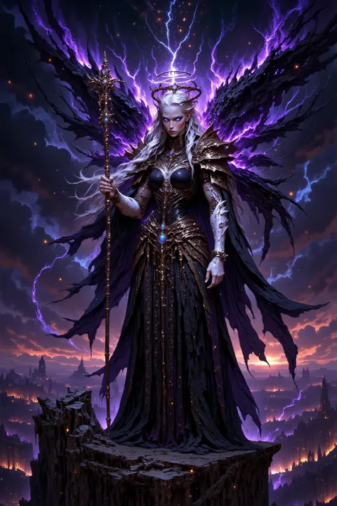 A dark celestial female mage standing on the edge of a ruined sky temple at twilight, wearing an elegant, form-fitting robe made of black silk and layered translucent fabrics embroidered with silver star patterns and ancient glowing runes. Her corset bodic...