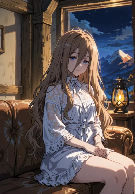 1girl, solo, Sense, Beyond Journey's End, sitting on a couch, long hair, sexy pose, alluring atmosphere, mountain cabin, night time, beautiful lighting and shadows,masterpiece, top quality, warm color, high fashion, absurdres extremely, vivid colors, intri...