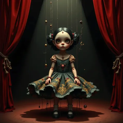 A string puppet show, a girl puppet with broken strings sitting in the center of a pitch black stage, a beautiful dress, a single spotlight, a red stage curtain, a wonderland fantasy style, ultra detailed, absolutely resolution, masterpiece
