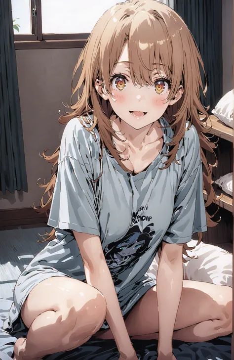 score_9, score_8_up, score_7_up, source_anime,Iroha Isshiki, long hair, brown hair, brown eyes,smile,blush,opens his mouth,oversized t-shirt, one shoulder,Medium breast,Bare legs,bare feet,morning,morning日,interior,curtains,window, bet, betの上に座っている,Waking ...