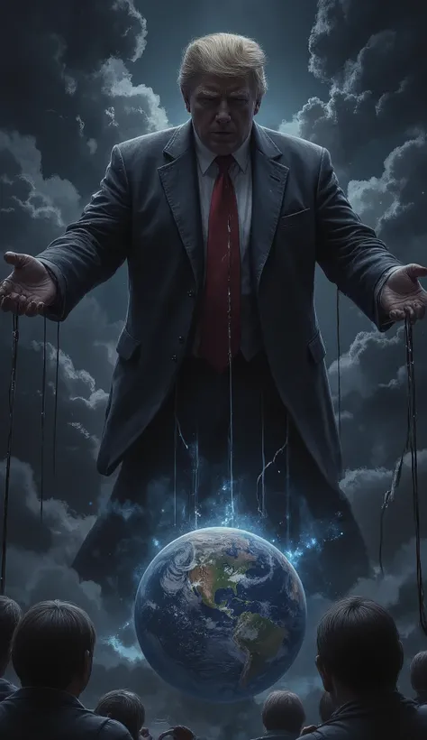 "A dark, dramatic digital illustration depicting former President Donald Trump as a towering, ominous figure above the Earth. He holds marionette strings attached to the planet, symbolizing control and manipulation. His hands and fingers are spread wide, g...