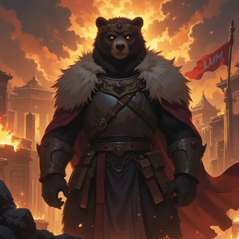 God of Bears, God-like looking. Subtle smerk smile. Standing up. Simplistic natural crown with small black jewels. Dark fur. Light Armored fur. Fire in background. A lot of background details. Magical. Background has warm colors. Dramatic. Cinematic settin...