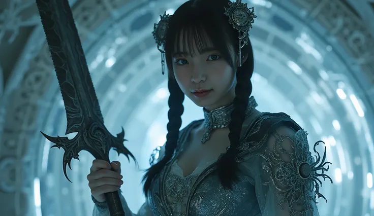 realistic, FILM RENDERING , (big chest,is big ),(1 girl, KOREAN FACE SEXY , pale skin, ( Height:), Innocent Looks , Youngface,beauty, photorealistic, a beautiful woman holding a futuristic sword tattoos cyborgpunk mecha cyborg mechanic machine body sha...