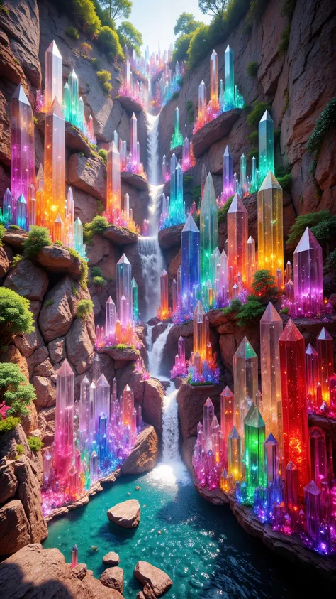 Ultra-realistic, photo-realistic, ultra-detailed, physically-based rendering, 3D rendered, An incredibly complex and colorful cliff wall that is 300 feet tall and made up of many partially clear gigantic quartz crystal points that are multicolored translu...