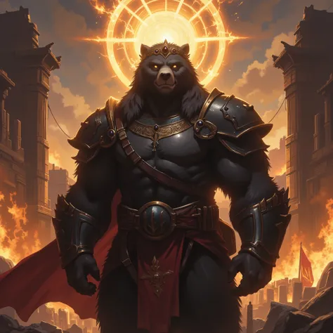 God of Bears, God-like looking. Subtle smerk smile. Standing up. Simplistic natural crown with small black jewels. Dark fur. Light Armored fur. Fire in background. A lot of background details. Magical. Background has warm colors. Dramatic. Cinematic settin...