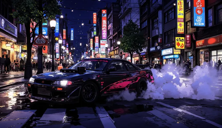 Anime-style night scene in Tokyo, neon-lit streets reflecting on wet asphalt, a modified drift car with glowing decals speeding through the intersection, futuristic buildings, crowds in the background, manga-inspired motion blur, cyberpunk color palette, h...