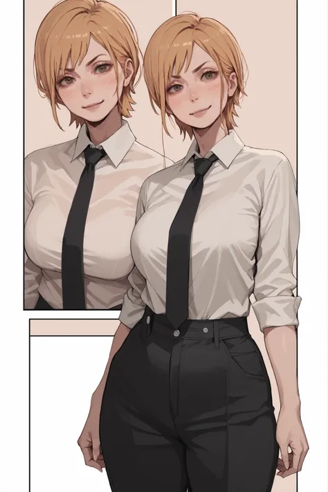 1 girl, blond hair, spiked short hair, blush lines, pale skin, smirk, voluptuous, big breasts, white shirt, black tie, black pants, suspender, simple background, hentai comic, frames, multiple views, multiple frames