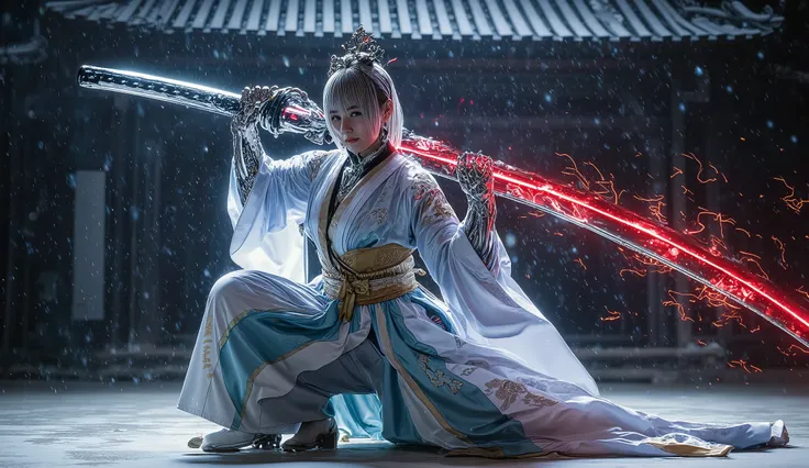 (Grand Prix winning combat movie scene rendered in 8K resolution)、(masterpiece)、 moonlight、 excited 、((full body))、((Beautiful posture with a sword))、 wide full shot 、(I have a big sword with red lightning:1.2)、 holding a Japanese sword with red lightnin...