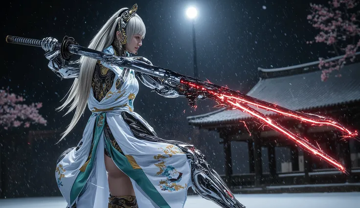 (Grand Prix winning combat movie scene rendered in 8K resolution)、(masterpiece)、 moonlight、 excited 、((full body))、((Beautiful posture with a sword))、 wide full shot 、(I have a big sword with red lightning:1.2)、 holding a Japanese sword with red lightnin...