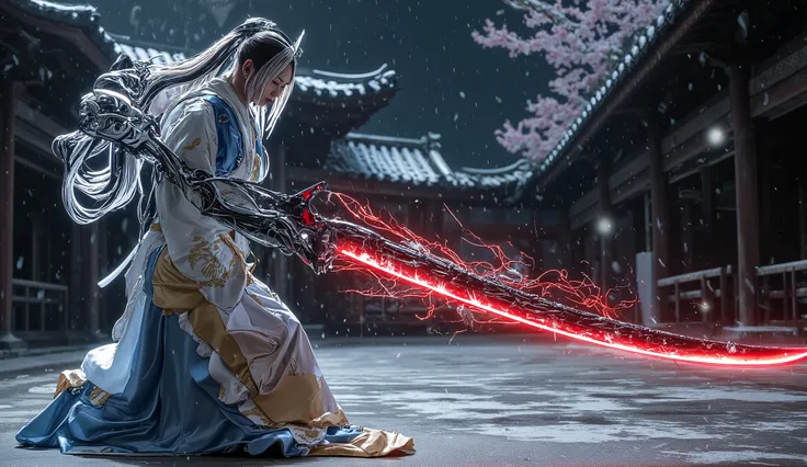 (Grand Prix winning combat movie scene rendered in 8K resolution)、(masterpiece)、 moonlight、 excited 、((full body))、((Beautiful posture with a sword))、 wide full shot 、(I have a big sword with red lightning:1.2)、 holding a Japanese sword with red lightnin...