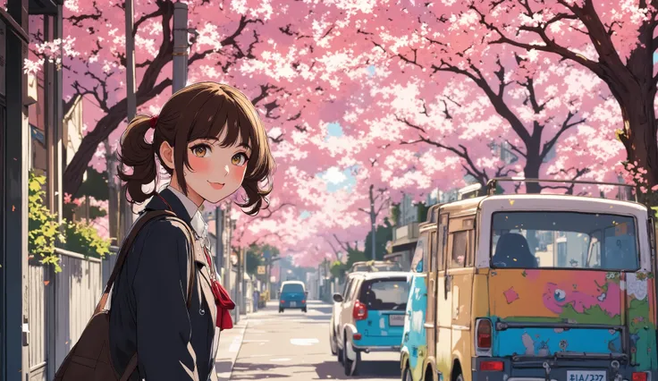A cheerful anime girl with twin tails and a school uniform standing beside a colorful pastel kei car, Japanese suburban street with cherry blossoms in bloom, warm morning light, sparkles and bokeh in the background, soft anime shading, moe aesthetic, detai...